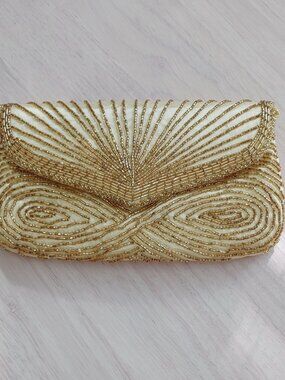 Vintage Gold Tone Satin Clutch Purse Fabric Beaded Detail Art Deco Motif